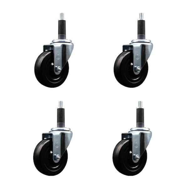 4'' SS Hard Rubber Wheel Swivel 1'' Expanding Stem Caster Set, 4PK